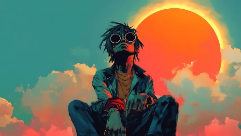 Stylized figure in goggles sits before large glowing sun