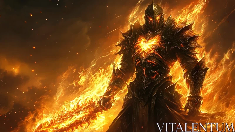 Infernal knight in obsidian armor wielding blazing longsword.