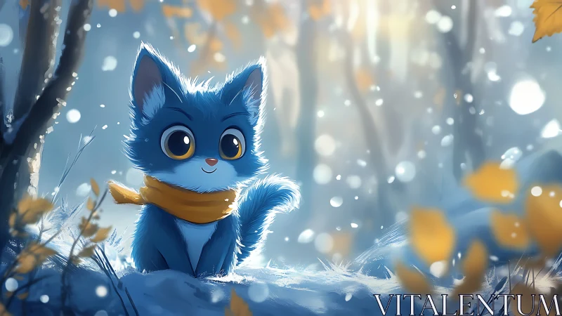 Blue cartoon kitten with scarf in soft winter forest scene.