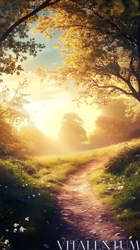 Sunlit forest path under glowing golden canopy at dawn.