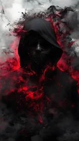 Hooded figure in black smoke and red abstract energy field.