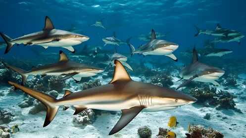 Pelagic reef shark aggregation above benthic coral corridor.