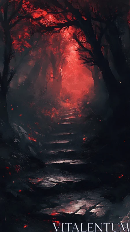 Stone path through red lit forest under dark canopy.