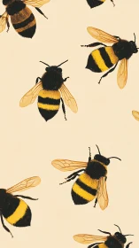 Busy bumblebees drift gently across a soft cream sky