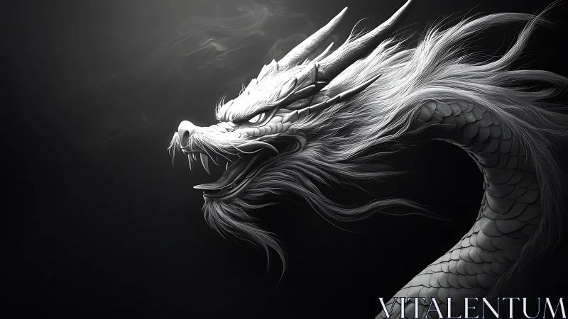Monochrome Eastern dragon rendered in high-contrast digital chiaroscuro