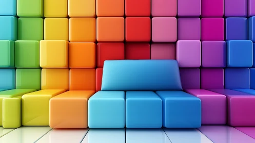 Chromatic cube lounge where rainbow blocks quietly glow.