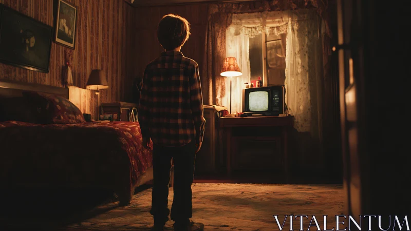 Child standing in dim vintage bedroom facing TV screen.