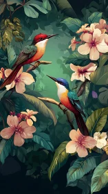 Colorful songbirds resting in a lush tropical bloom.