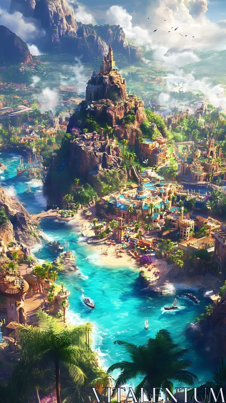 Illuminated Riverside Citadel with Crystalline Waters and Terraced Architecture