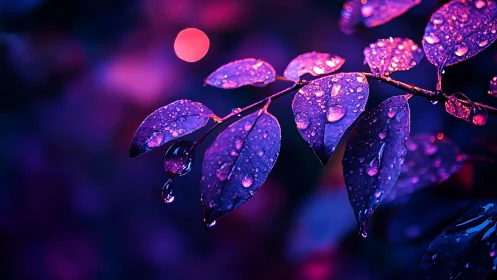 Neon-kissed rain droplets on leaves in vivid bokeh glow.