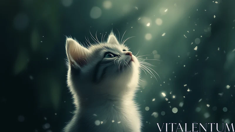 White Cat Gazing Upward Among Luminous Particles