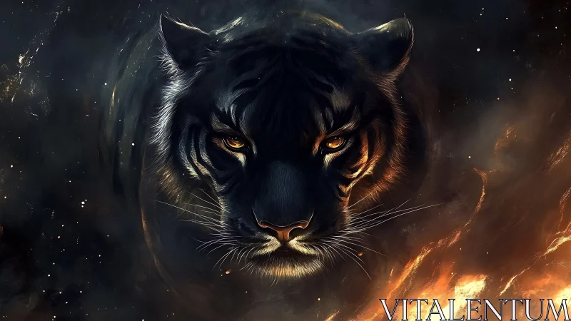 Nocturnal tiger portrait in ember-lit cosmic shadows.