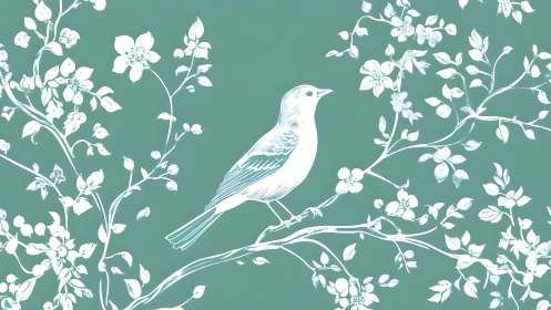 Elegant White Bird on Flowering Branch in Vintage Botanical Style.