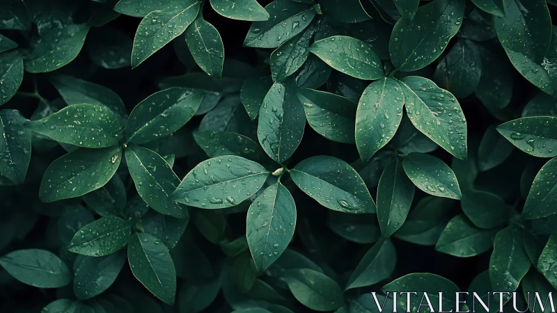 Wet green leaves fill frame with dense overlapping foliage