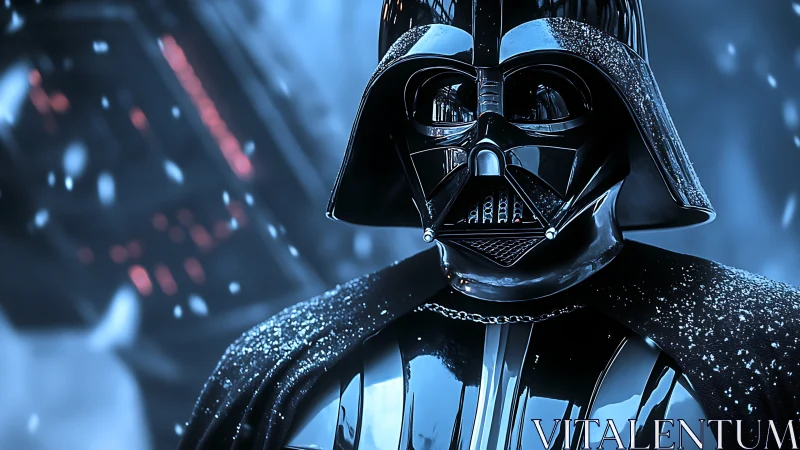 Midnight warlord in icy armor stalks a star-lit corridor.