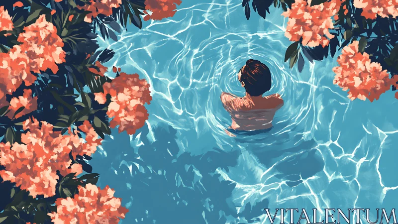 Solitary swimmer surrounded by bright poolside blossoms.