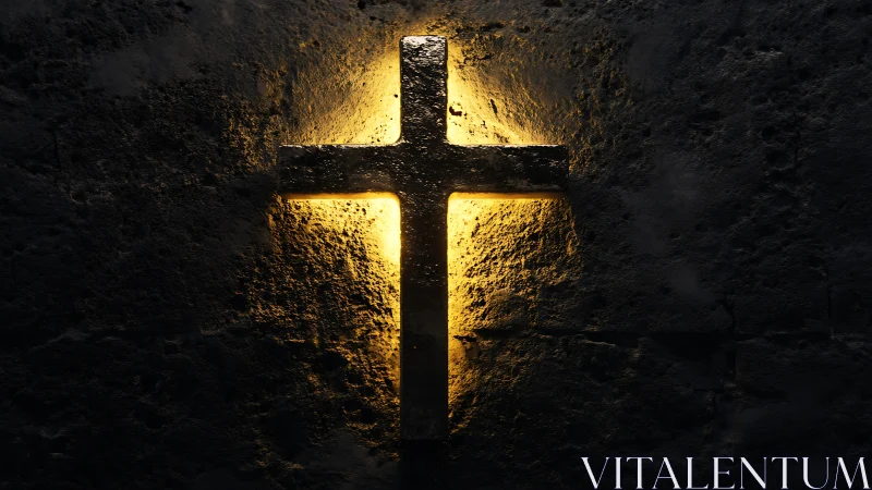Textured stone cross with recessed backlighting on dark wall.