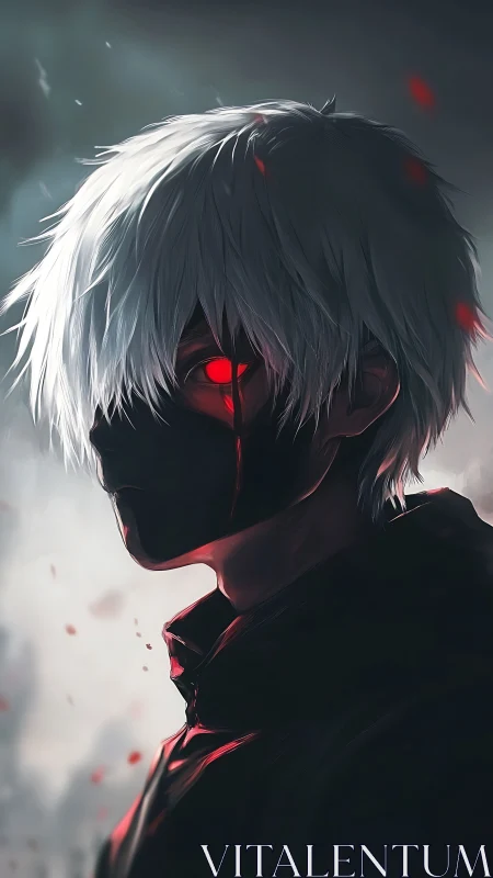 White haired masked figure with glowing red eye stands in profile