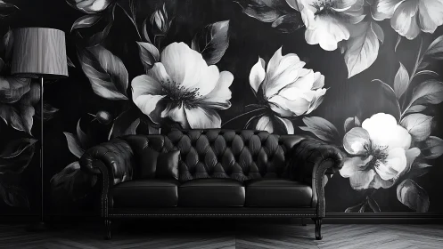 Monochrome leather sofa against oversized floral mural.