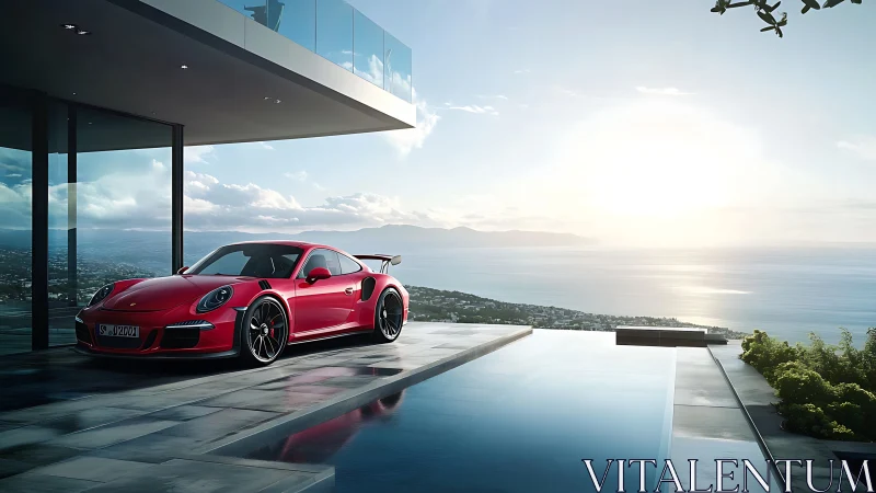 Sunlit red sports car rests by an elegant cliffside pool
