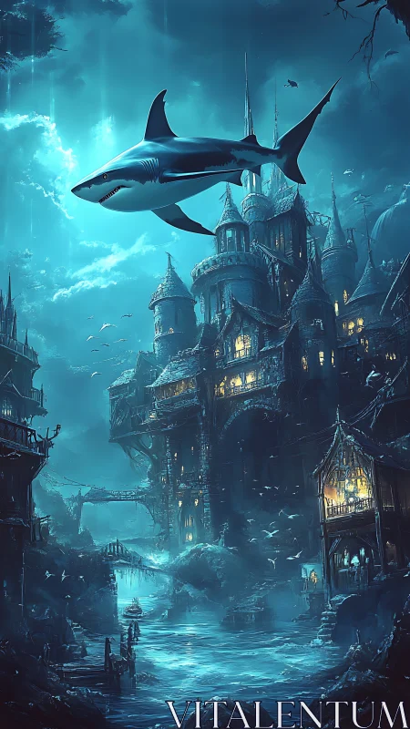 Moonlit sky-shark drifting above a glowing cliff city.