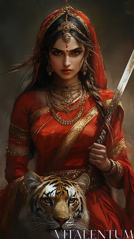 Warrior goddess in red stands with regal tiger guardian.