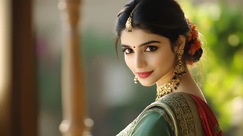 Bridal portrait with ornate gold jewelry and warm bokeh.