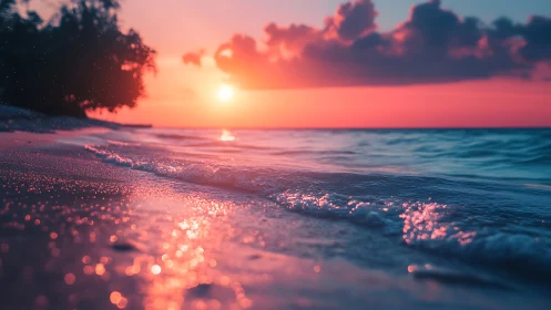 Chromatic shoreline micro-bokeh under refracted sunset light.