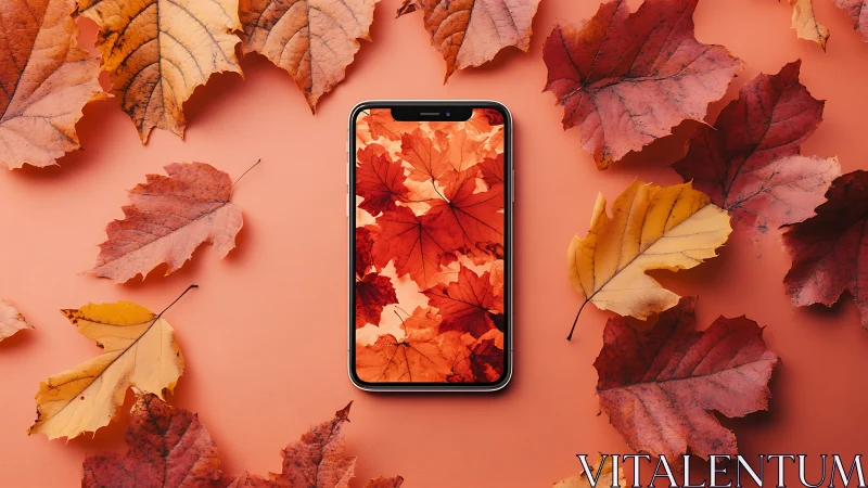 Cozy smartphone moment wrapped in glowing autumn leaves.