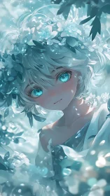 Silver-haired youth gazes through luminous aqua blossoms