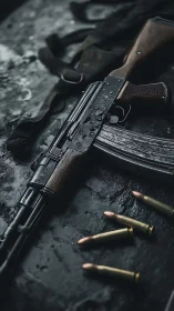 Weathered rifle lounges in moody steel and timber light