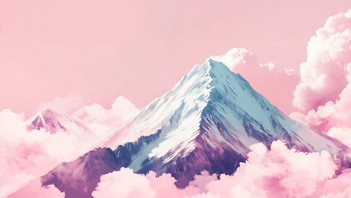 Snowcapped mountain peak within pink atmospheric clouds.