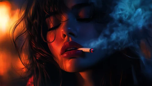 Woman with cigarette exhales smoke in dramatic neon light