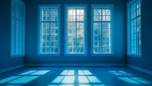 Empty blue room with tall grid windows and hard-edged sun projections