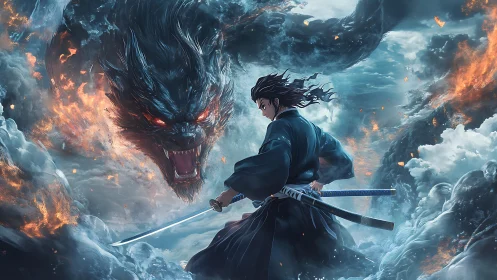 Storm-lit samurai faces roaring fire spirit in swirling sky.