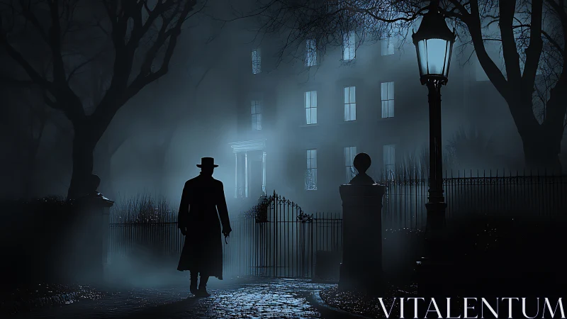 Midnight visitor pauses beneath a lone lamplit mansion gate
