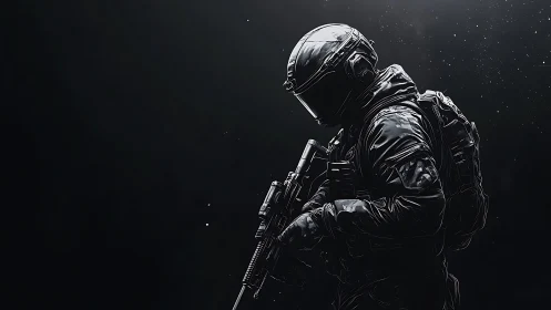 Tactical armored soldier with rifle on dark minimal background.