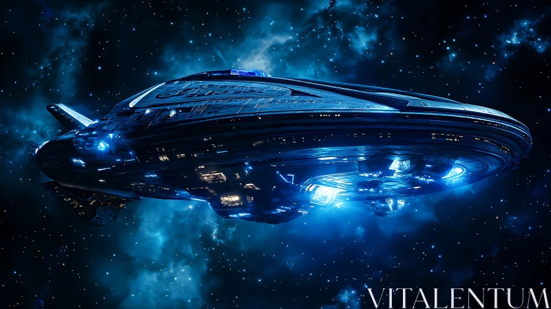 Massive blue-lit starship cruising through deep outer space.
