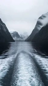 Boat wake cuts through misty fjord under brooding winter sky