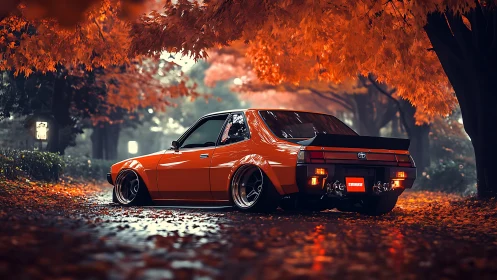 Autumn street racer glows beneath a tunnel of ember leaves.