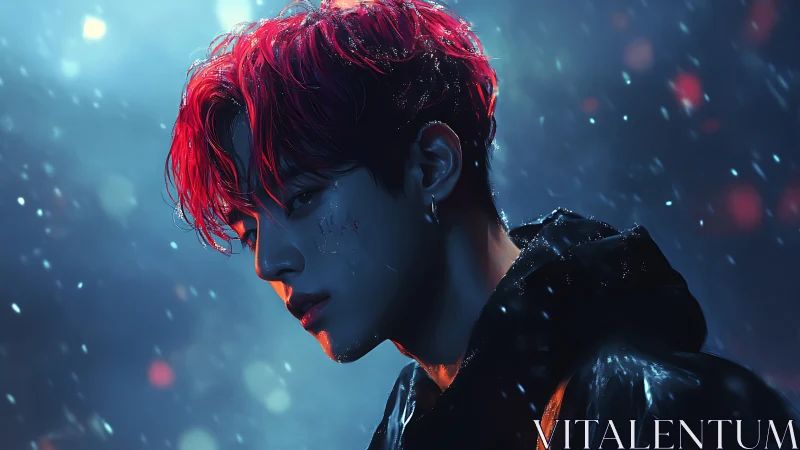Male profile portrait in rain-lit urban night environment