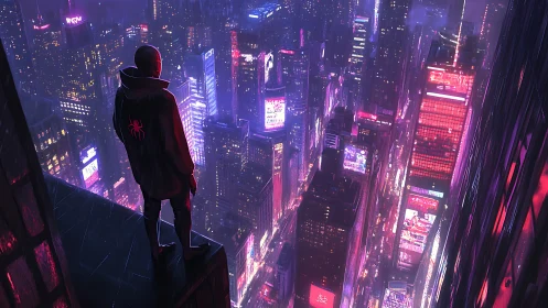 Neon-soaked vigilante overlooking futuristic megacity canyon.