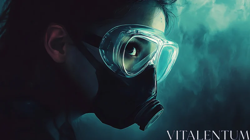 Person in respirator mask and goggles in teal low light.