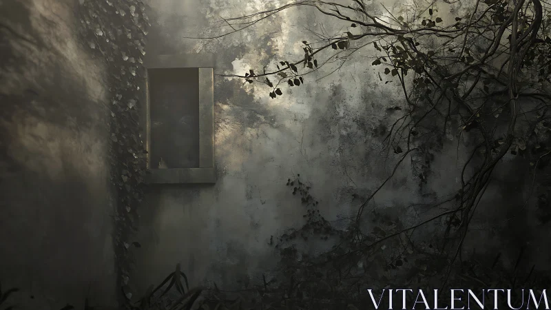 Decayed courtyard wall with spectral window and invasive vines.