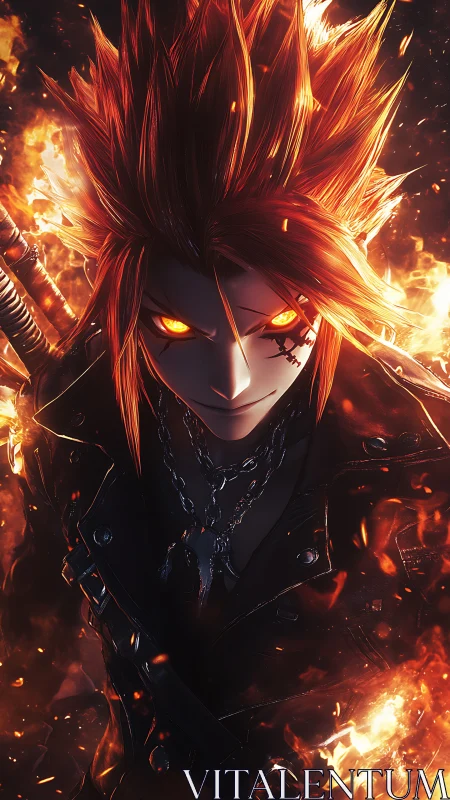 Fiery warrior with blazing eyes strides through swirling flames