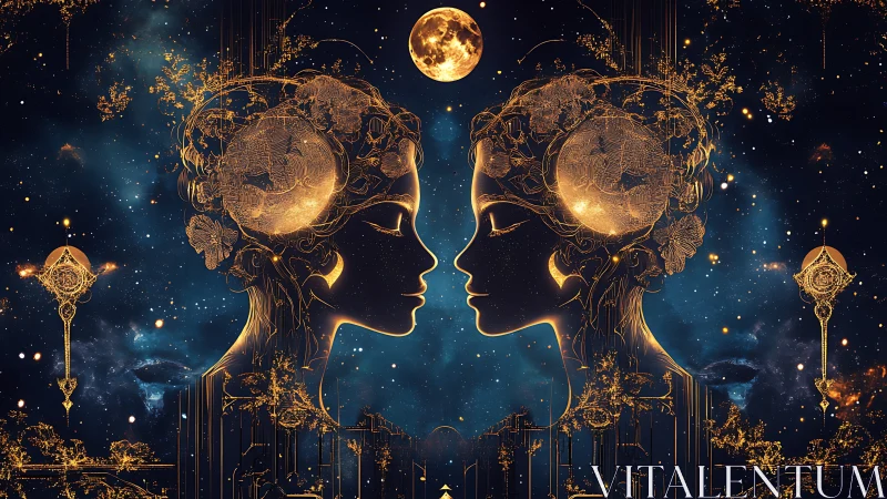 Symmetrical lunar goddesses in celestial circuit filigree.