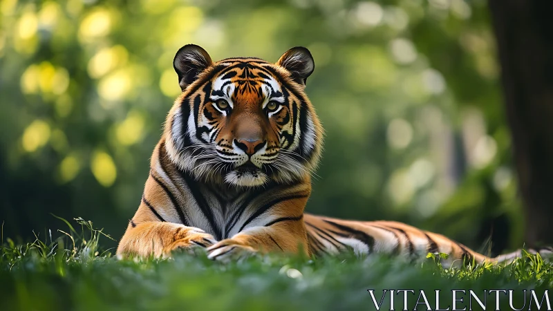 Regal tiger resting in sunlit forest clearing portrait.
