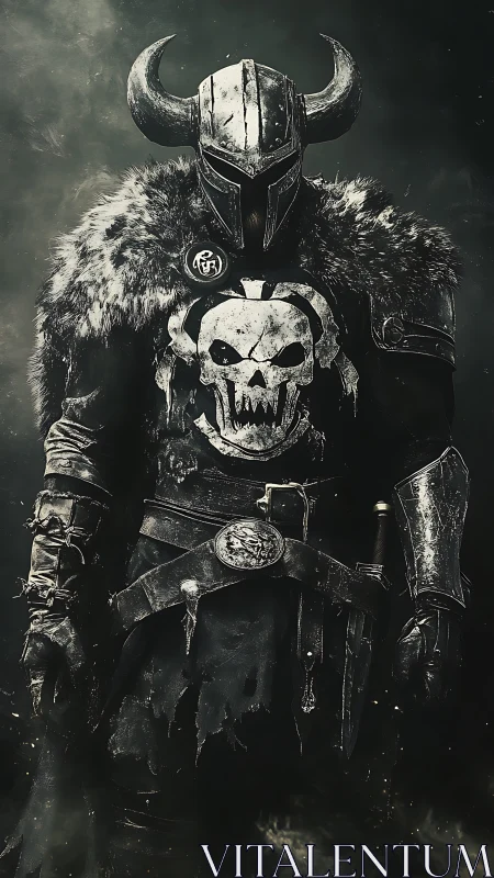 Armored horned warrior stands in worn fur and skull emblem