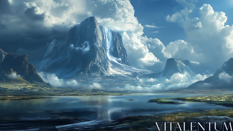 Majestic icy mountain and tranquil lake in soft morning light.