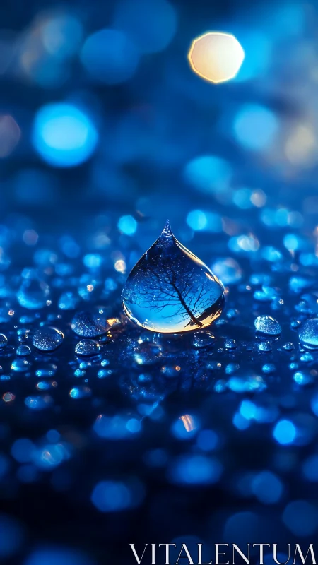 Droplet world cradling a lone tree in electric blue night.